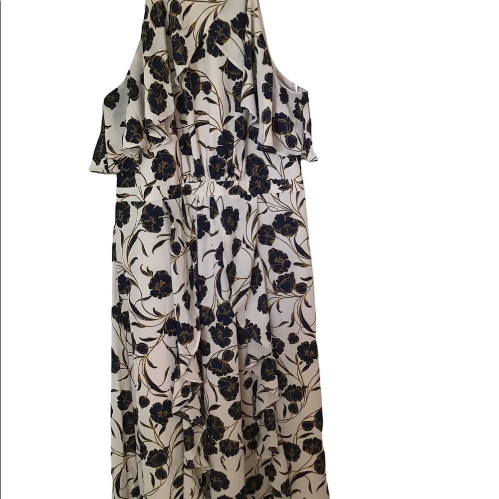 LC Lauren Conrad Runway midi dress Sz 14 tan navy floral pattern sleeveless